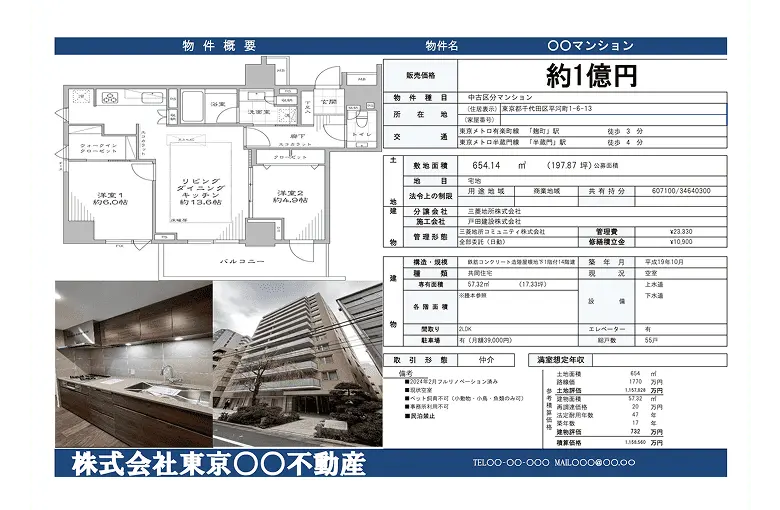 マンションの物件概要が記載されたチラシで、間取り図や価格、所在地、設備情報などが詳細に表示されている